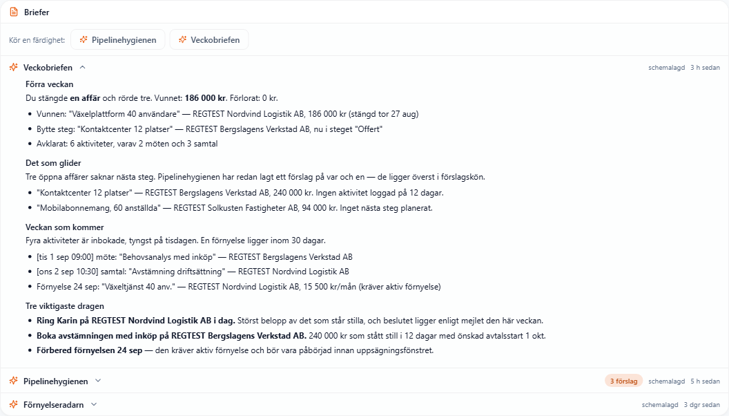 Veckobriefen uppfälld i systemet, med rubrikerna Förra veckan, Det som glider, Veckan som kommer och Tre viktigaste dragen, samt körningar från Pipelinehygienen och Förnyelseradarn under.