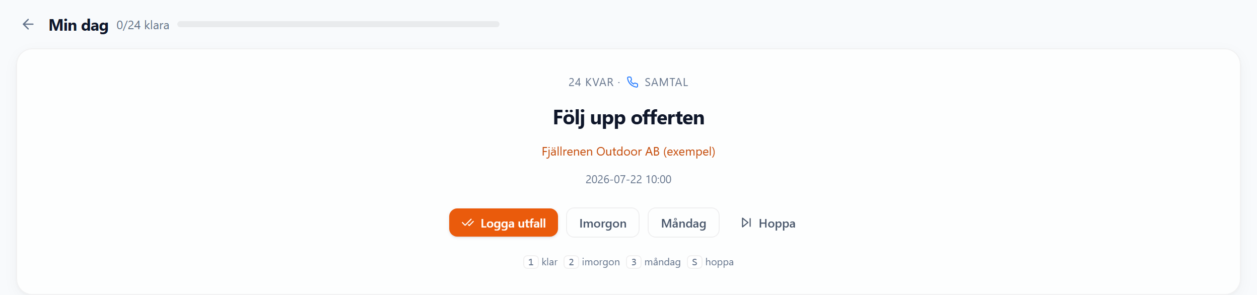 Fokusläget Min dag visar en aktivitet i taget med knapparna Logga utfall, Imorgon, Måndag och Hoppa.